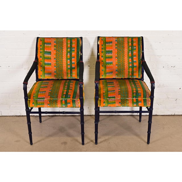 Mid-Century Modern Mid-Century Hollywood Regency Ebonized Faux Bamboo Armchairs With Jack Lenor Larsen Upholstery, Pair For Sale - Image 3 of 11