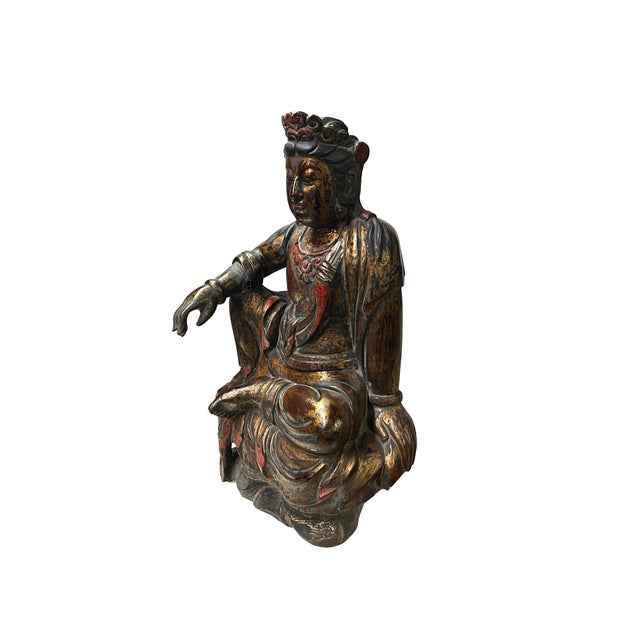 Vintage Chinese Golden Red Brown Lacquer Wood Bodhisattva Statue For Sale In San Francisco - Image 6 of 9