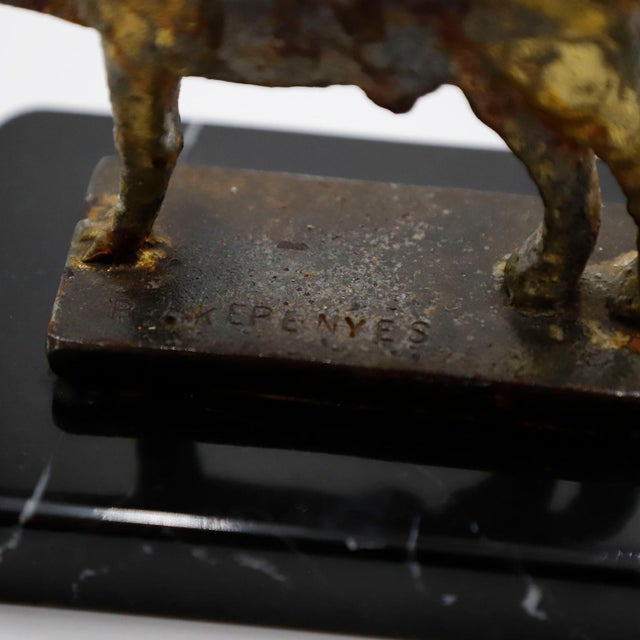 Circa 1970. We offer this Pal Kepenyes Lion Sculpture made in steel and black marble signed. Pal Kepenyes was a Hungarian...