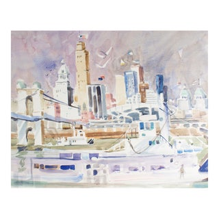Signed Watercolor Painting of a City by Sanford Brooks For Sale