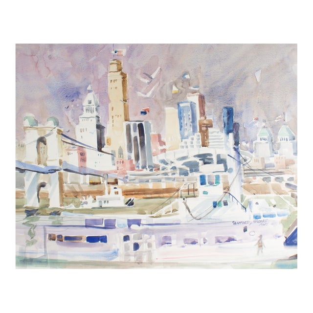 Signed Watercolor Painting of a City by Sanford Brooks For Sale