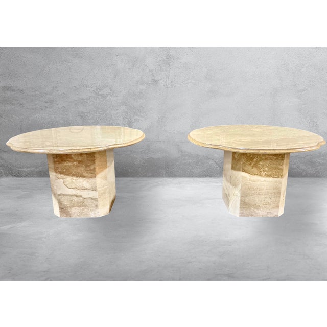 Contemporary Pair of 1970s Italian Travertine Scalloped Edge Pedestal End Tables For Sale - Image 3 of 17
