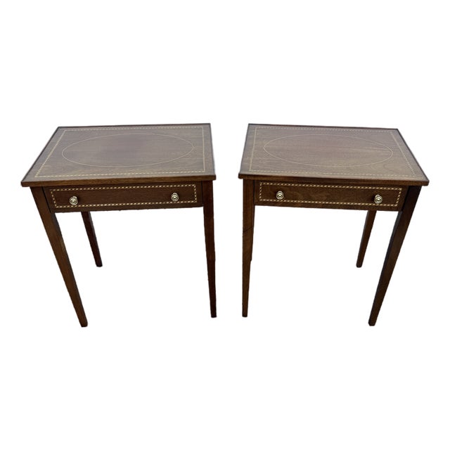 Vintage Pair of Federal Style Inlaid Mahogany Single Drawer Side Tables For Sale
