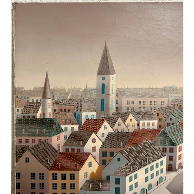 Textile Foussa Itaya, Large Surrealist French Japanese European Cityscape Oil painting Foussa Itaya, c.1950's For Sale - Image 7 of 10