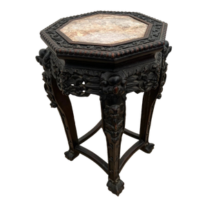 Antique Plant Stand Table, Hand Carved Floral Lattice, Marble Top, Dark Mahogany