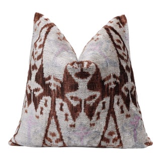 The Rust & Icy Lilac Vertical Ikat Silk Velvet Pillow - 20" X 20" For Sale