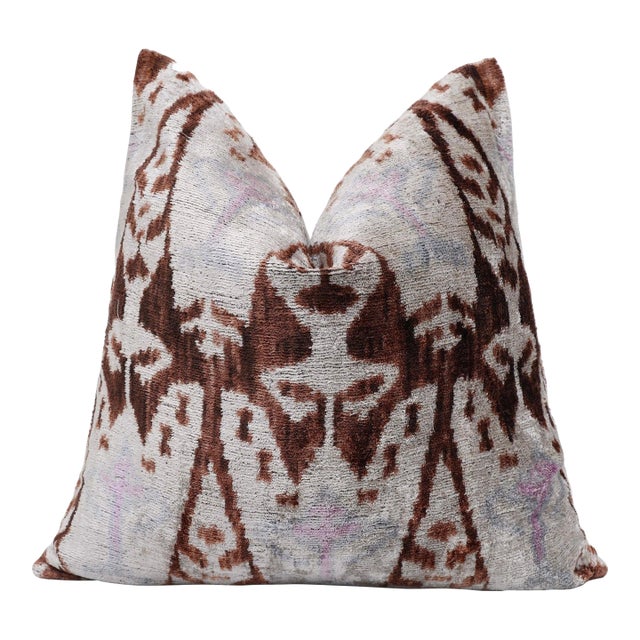 The Rust & Icy Lilac Vertical Ikat Silk Velvet Pillow - 20" X 20" For Sale