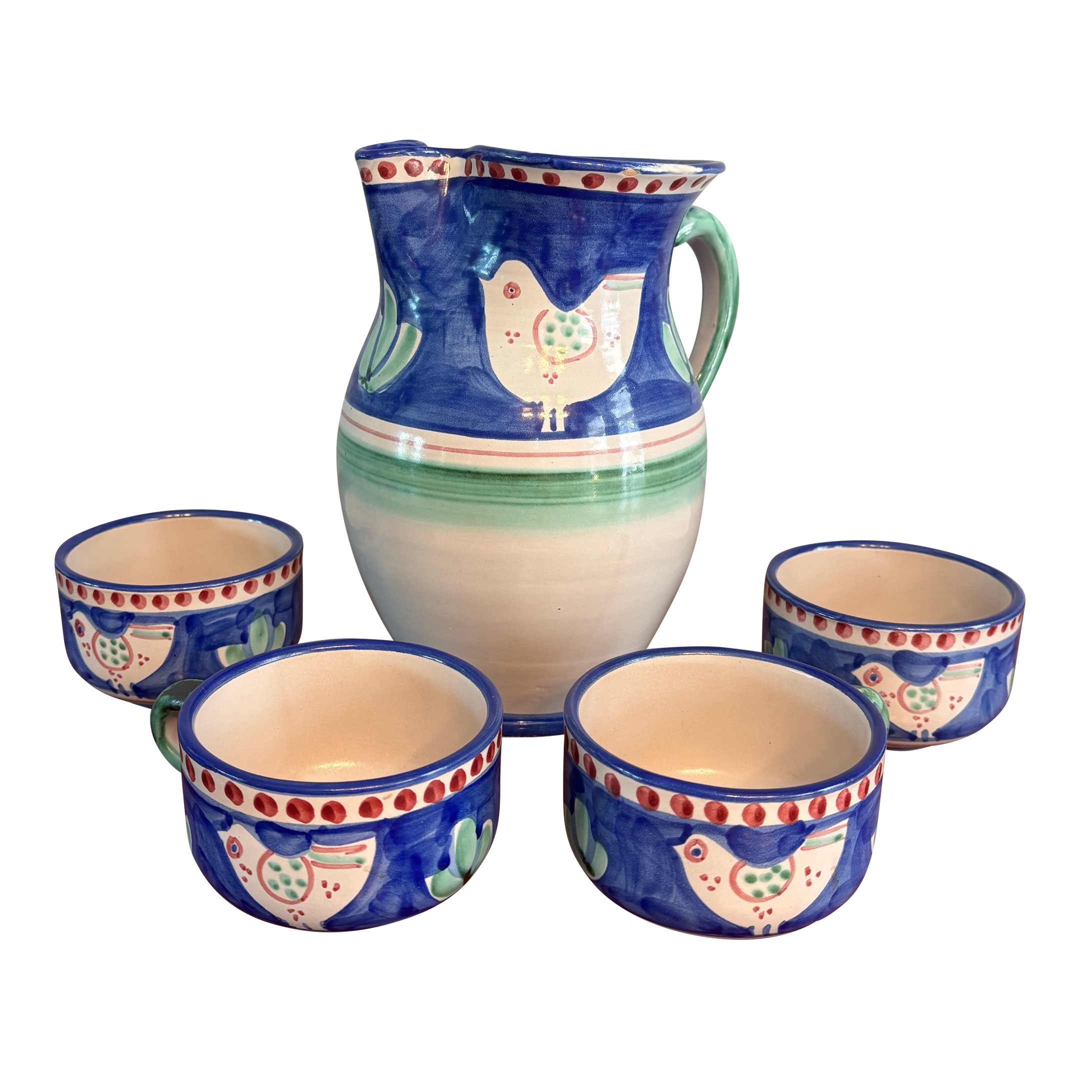 1980s Ceramica Solimene Vietri Blue Green Pitcher and Cup Serving