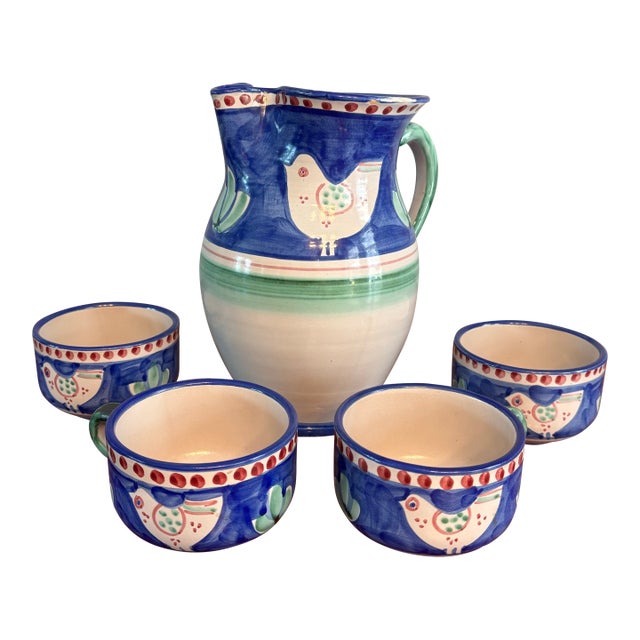 1980s Ceramica Solimene Vietri Blue Green Pitcher and Cup Serving Set For Sale