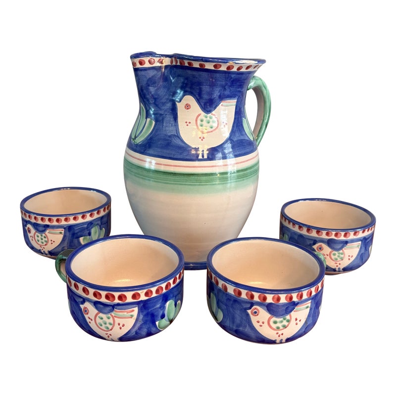 1980s Ceramica Solimene Vietri Blue Green Pitcher And Cup Serving Set