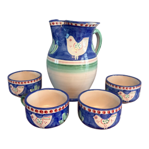 1980s Ceramica Solimene Vietri Blue Green Pitcher and Cup Serving Set