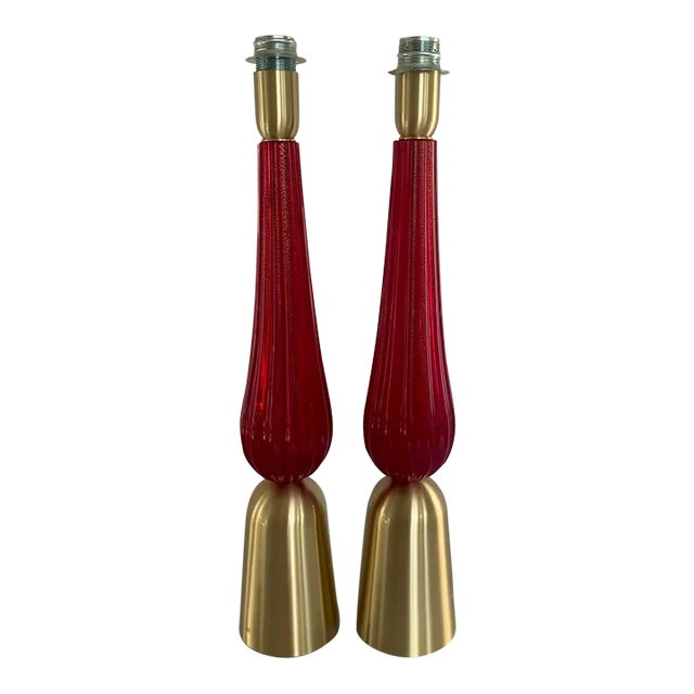 Lot of 2 Gold and Red Murano Glass Table Lamp With Shade For Sale