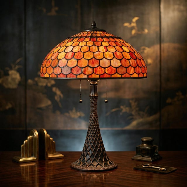 Vintage Certified Thomas Pacconi Table Lamp Stained Glass Fish Scale Design For Sale - Image 11 of 13