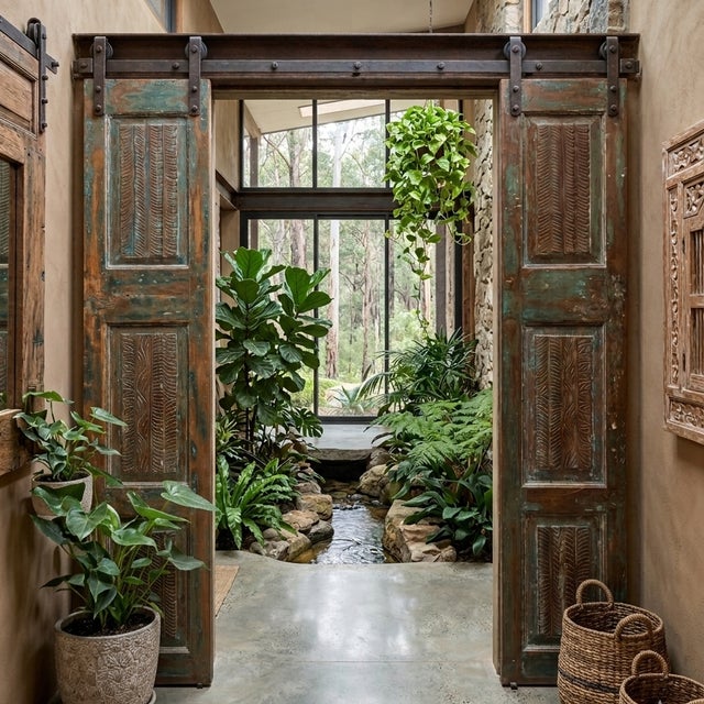 Wood Antique Hand-Carved Double Doors | Rustic Farmhouse Sliding Pantry & Closet Doors 80x32 For Sale - Image 7 of 7