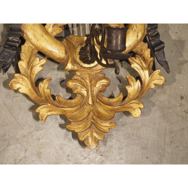 Pair of Italian Giltwood and Ebonized Louis XVI Style Lyre Form Sconces, 1950s For Sale - Image 11 of 18