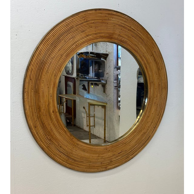 Mid-Century Modern Vintage Round Bamboo Mirror With Wide Frame For Sale - Image 3 of 8