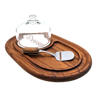1970s Teak Wood Cheese Tray With Glass Cloche and Cheese Slicer For Sale