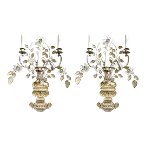 1920’s French Silver Leaf Large Sconces With Three Lights - a Pair