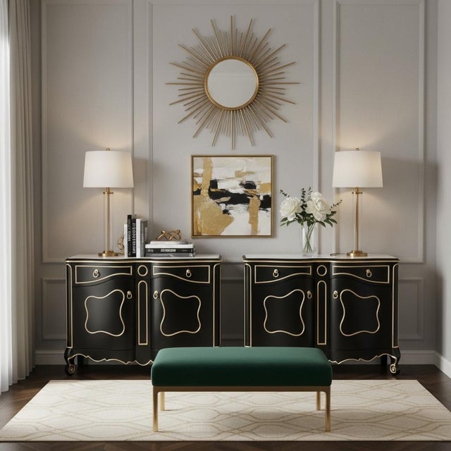 Wood Late 20th-C. Modern French Louis XV Style Cabinet Black & Silver Gilt, Pair Available For Sale - Image 7 of 13