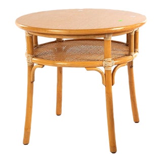 Vintage McGuire Rattan Round Side Table With Cane Shelf For Sale