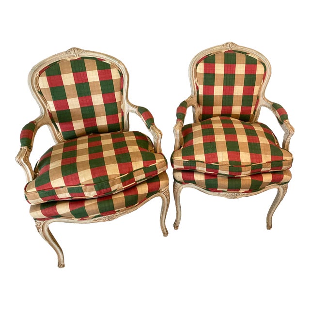 Pair of Antique French Arm Chairs With Down Cushions White Paint For Sale