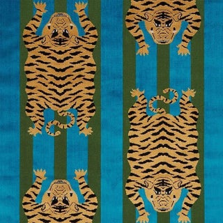 Sample - Schumacher X Johnson Hartig Jokhang Tiger Velvet Fabric in Peacock & Olive For Sale