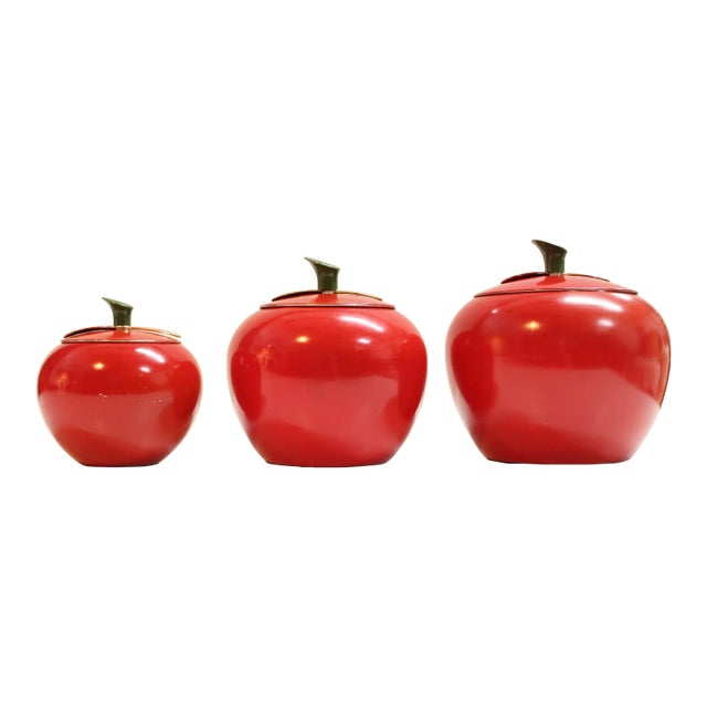 1960s Spun Aluminum Red Apples Canister Set For Sale