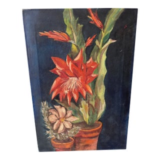 Vintage Floral Still Life Painting of Blooming Cactus Flowers – 15.5” X 22.5” - Unsigned For Sale