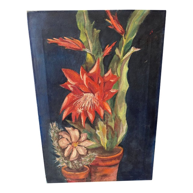 Vintage Floral Still Life Painting of Blooming Cactus Flowers – 15.5” X 22.5” - Unsigned For Sale