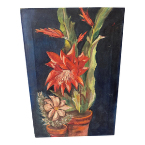 Vintage Floral Still Life Painting of Blooming Cactus Flowers – 15.5” X 22.5” - Unsigned