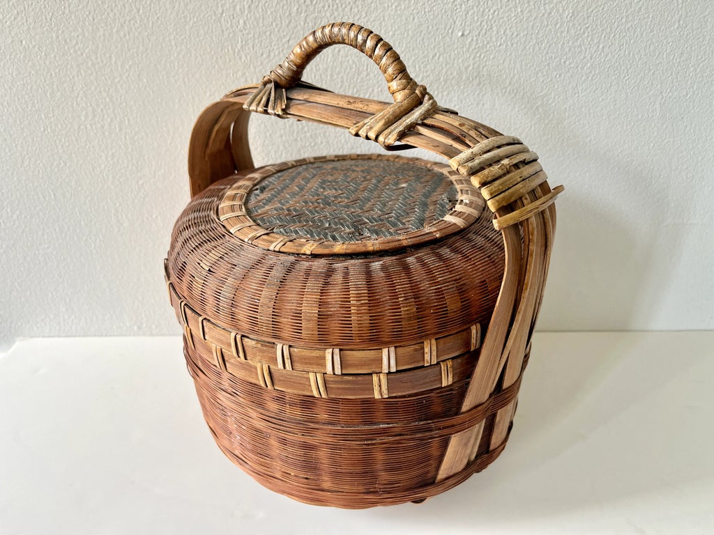 Antique Chinese Lidded Bamboo Wedding Basket - Early 20th Century