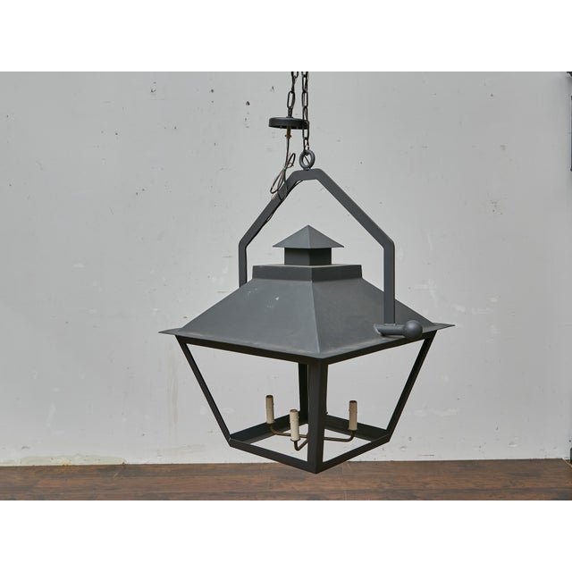 Charcoal Pair of Large Iron Lanterns with Four Lights and Architectural Design For Sale - Image 8 of 12