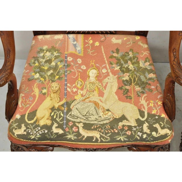 Late 20th Century Late 20th Century Maitland Smith Georgian Carved Mahogany Needlepoint Dining Arm Chairs - A Pair For Sale - Image 5 of 11