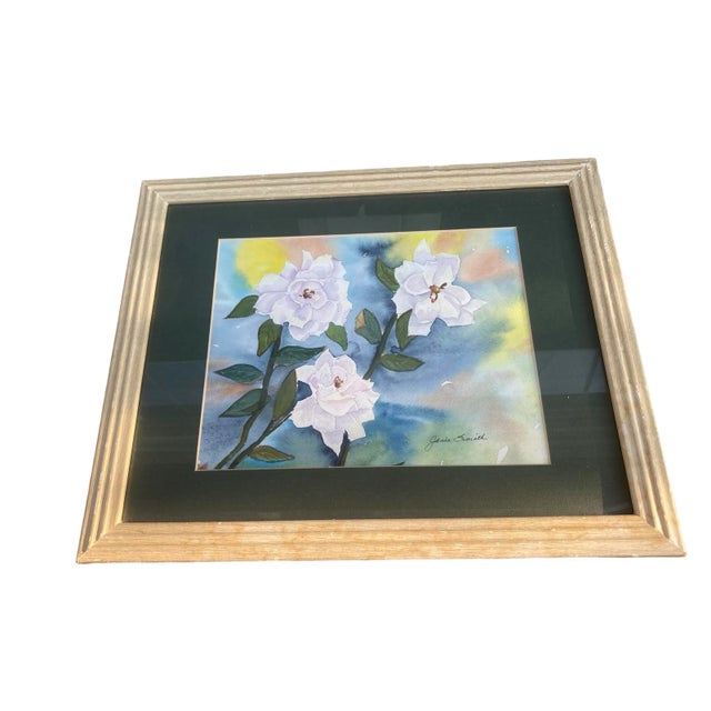 Vintage Framed Watercolor on Paper Floral Study “White Wild Rose” Artist Janie Smith Thomas Nevada For Sale - Image 12 of 12