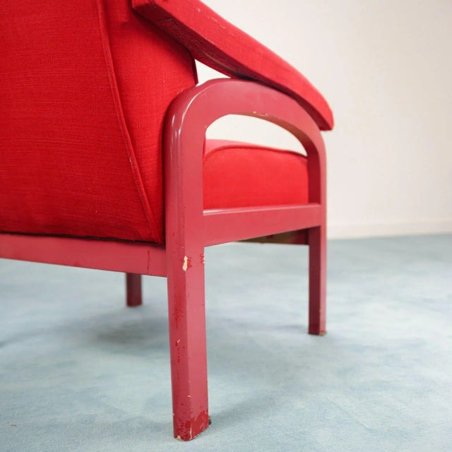 Wood Red Fabric and Wood Reclining Lounge Chair, 1970s For Sale - Image 7 of 11