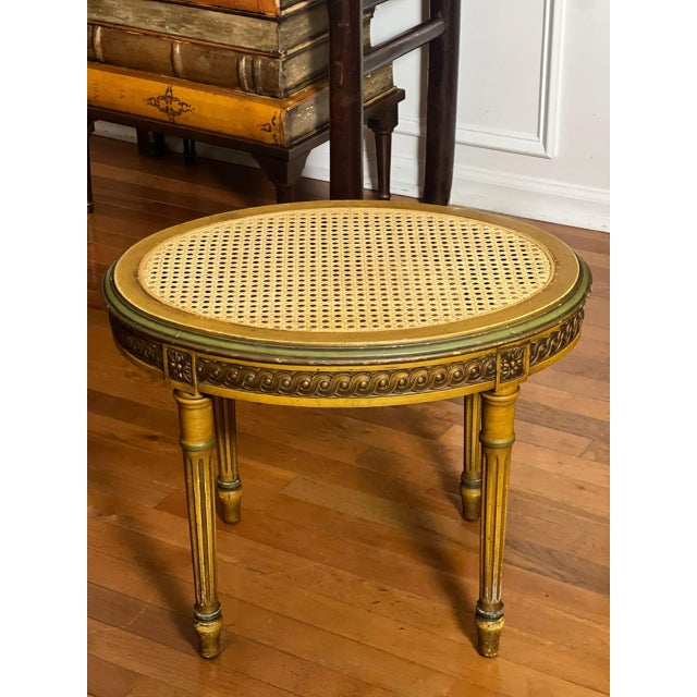 Early 20th Century French Louis XVI Style Tabouret Stool With Cane Top and Green Painted Accents, Early 20th C. For Sale - Image 5 of 18