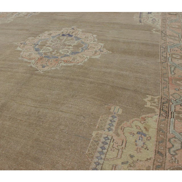 Vintage Turkish Oushak Rug With Taupe, Coral, Blue and Soft Green Tones For Sale In Atlanta - Image 6 of 9