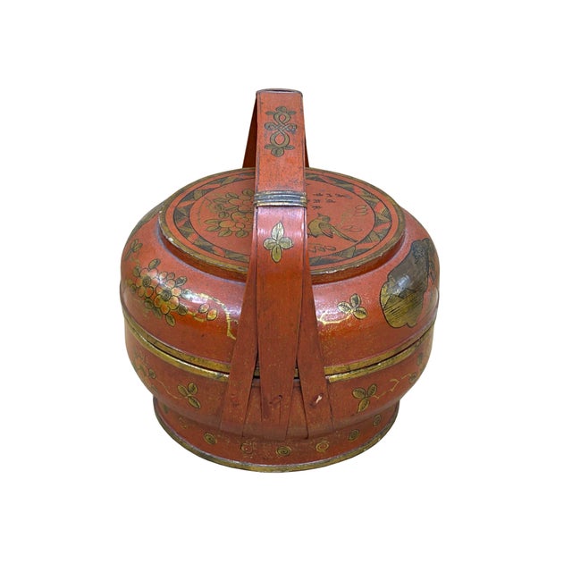 Vintage Oriental Brick Red Golden Graphic Stack Wedding Basket Display For Sale - Image 15 of 18