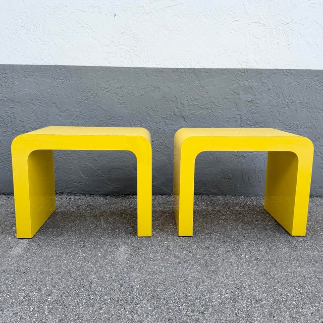 Wood Postmodern Yellow Gloss Laminate Waterfall Side Tables - A Pair For Sale - Image 7 of 10