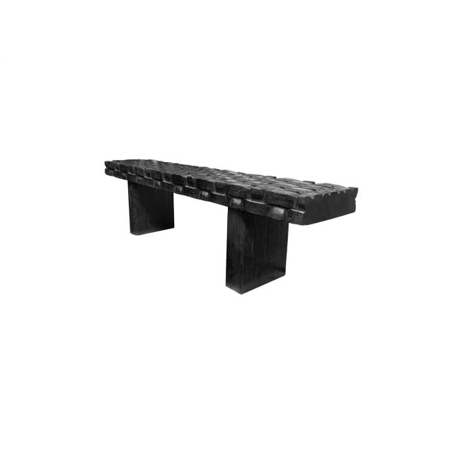 Sculptural Mango Wood Bench, Carved Detailing, Burnt Finish Modern Organic For Sale - Image 4 of 6