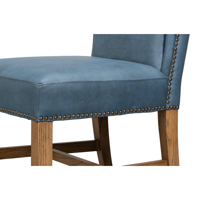 Wood Blue Leather Wingback Dining Chairs, High Back, Sets of 2 For Sale - Image 7 of 11
