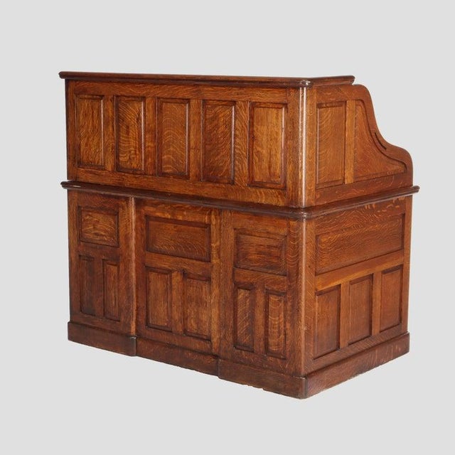 Antique Derby Oak Raised Panel S-Roll Top Desk With Carved Pulls C1920 For Sale - Image 12 of 13