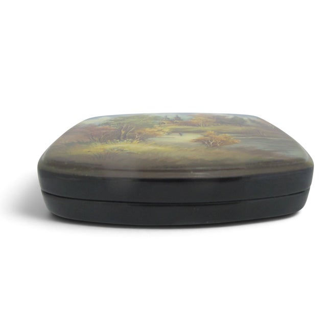 Russian Fedoskino Lacquer Mother of Pearl Hand Painted Landscape Box For Sale - Image 4 of 11