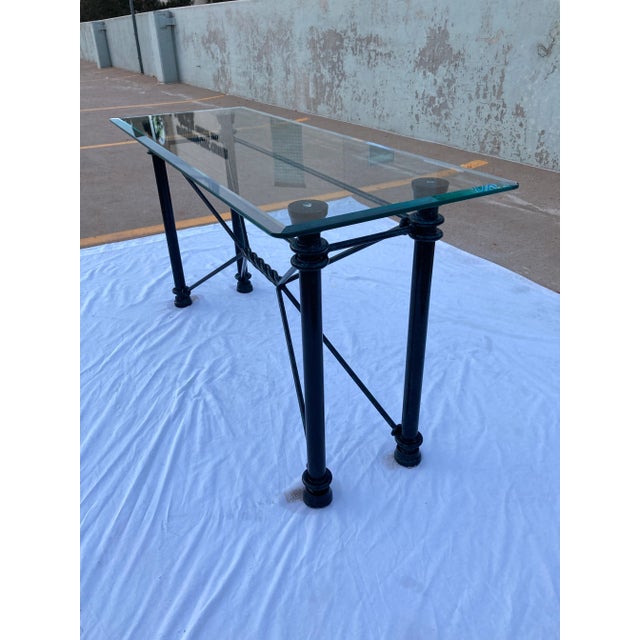 1980s Mid-Century Modern Rectangular Wrought Iron & Glass Console Sofa Table For Sale - Image 5 of 13
