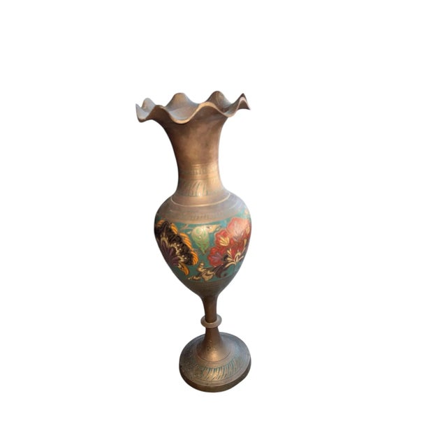 Beautiful solid brass Vase with etched floral and foliage accents surrounding the belly and beautifully painted in vibrant...