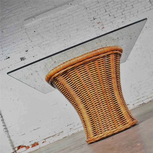 Brown Vintage Organic Modern Woven Wicker Rattan Side or End Table W Rectangular Glass Top For Sale - Image 8 of 13