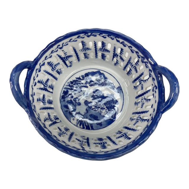 Vintage Chinese Porcelain Blue & White Handled Basket For Sale