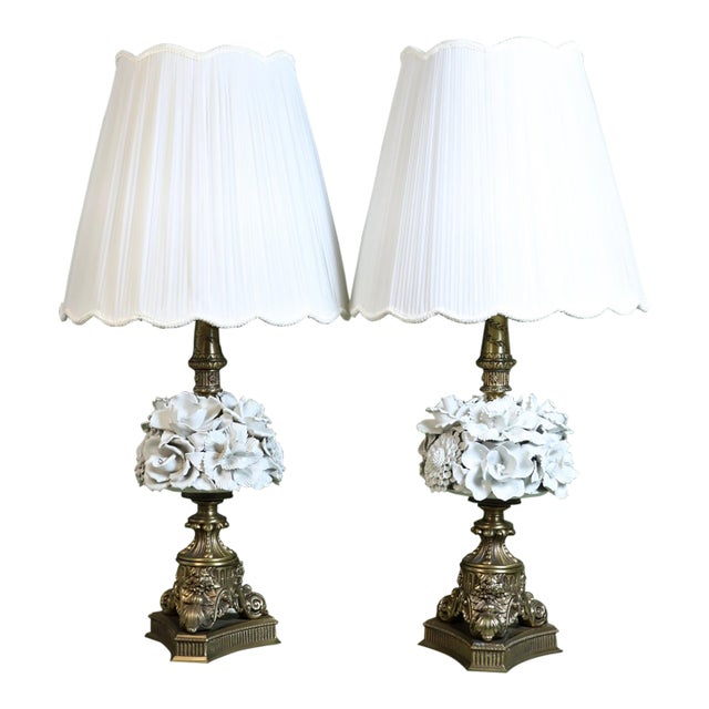 1960s Spanish Manises Ceramic Floral Table Lamps - Pair For Sale