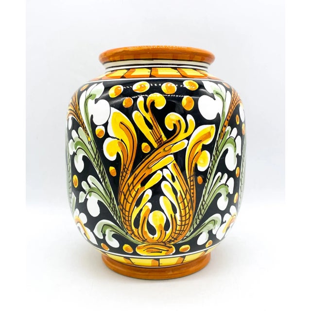 Yellow 1980's Italian Caltagirone Ceramics Polychrome Hand Painted Terra Cotta Vase For Sale - Image 8 of 8