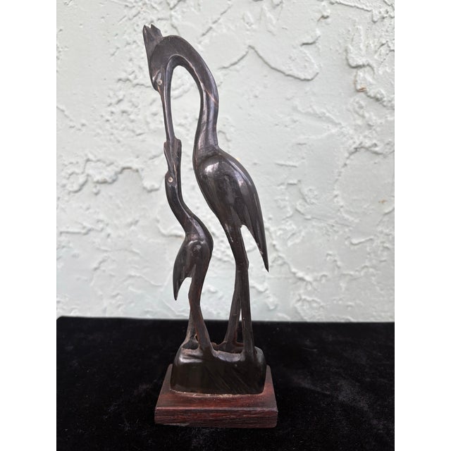 Vintage Hand-Carved Horn Sculpture of Crane Feeding Its Young on Wooden Base (8.75”) For Sale - Image 4 of 9